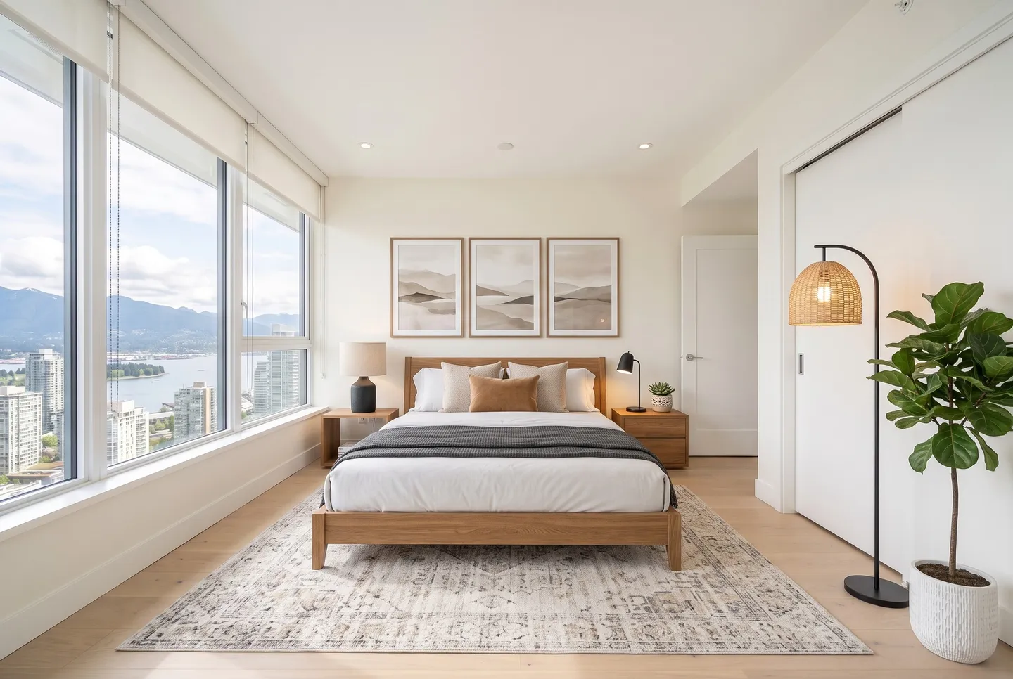 A primary bedroom after Viara Studio staged it: furniture, rugs, lamps and art added.