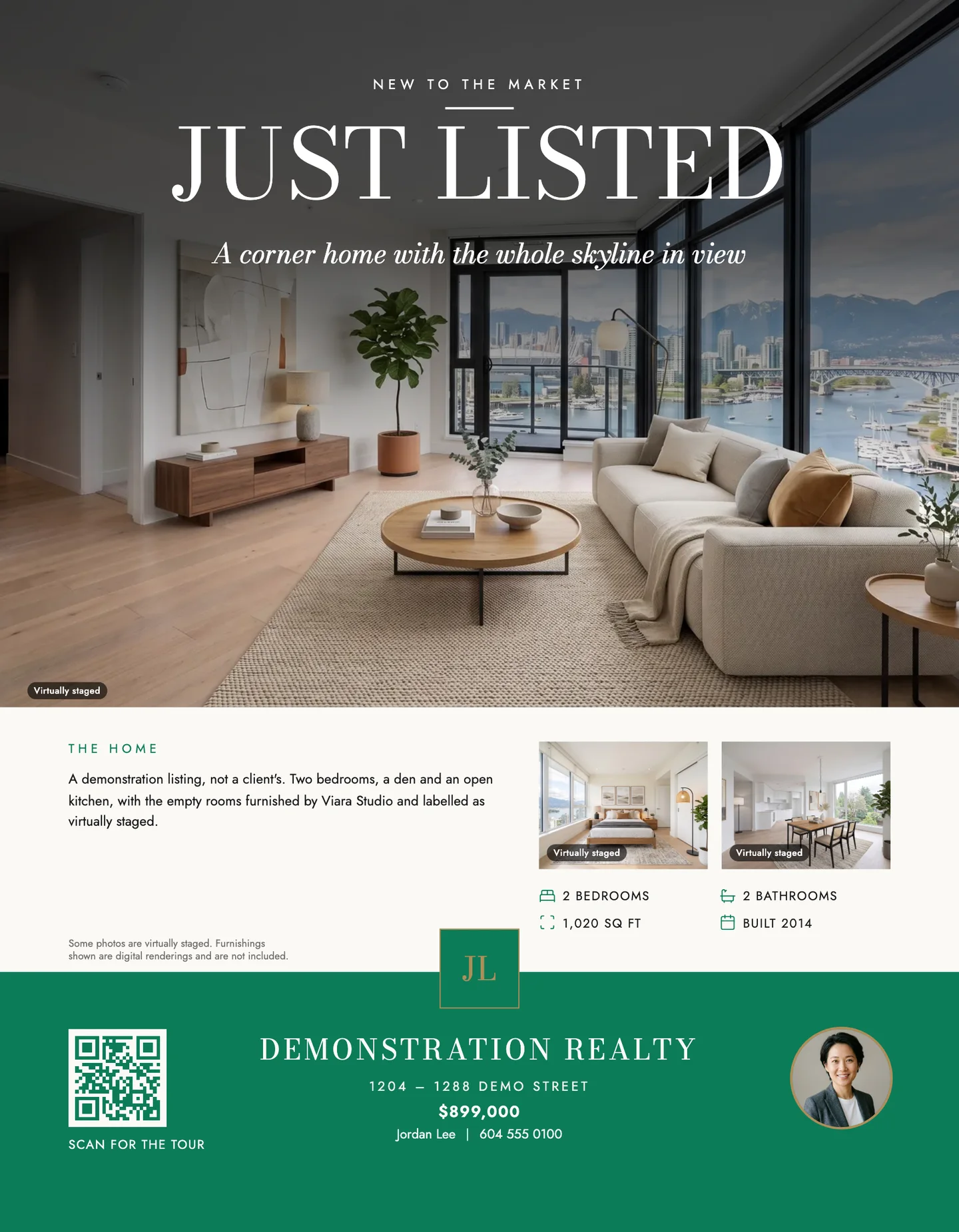 The same listing on the Cover template: Just listed in large serif capitals over the staged living room, the description beside two smaller rooms and the facts, then a green band with the brokerage, the address, the price, the agent and a QR code.