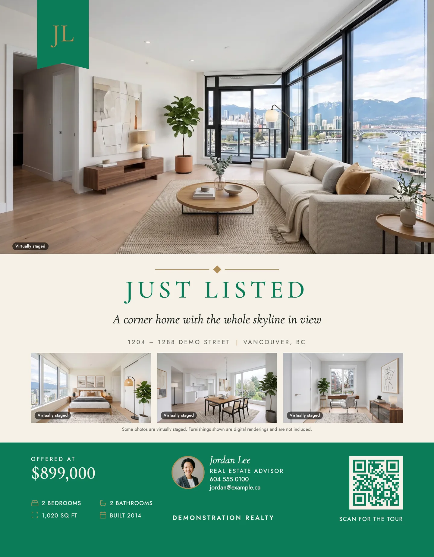A letter-size listing sheet: the staged living room across the top under a monogram, Just listed in spaced capitals with the headline and address, three smaller rooms with the staging note, then a green band with the price, the facts, the agent and a QR code.