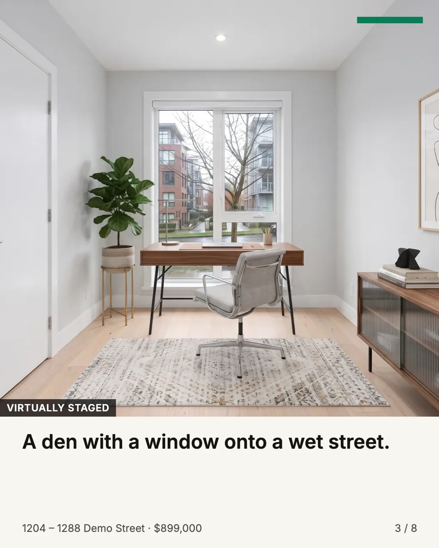 A carousel slide: a staged den with the virtually staged label and the slide number.