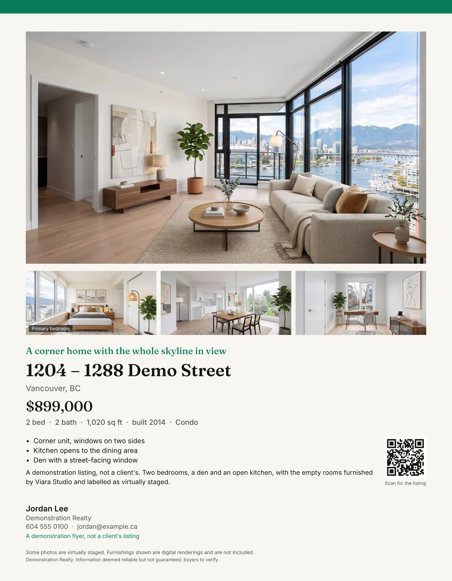 A letter-size listing flyer: a staged living room across the top, three smaller rooms beneath it, then the address, price, facts, a QR code and the agent's details.