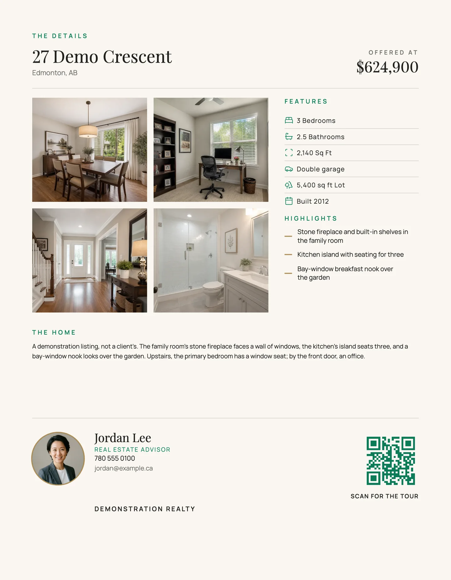 The back of the same sheet: the address and the price, four more rooms in a grid beside the six facts and the highlights, the description, then the agent with a headshot, the brokerage and a QR code.