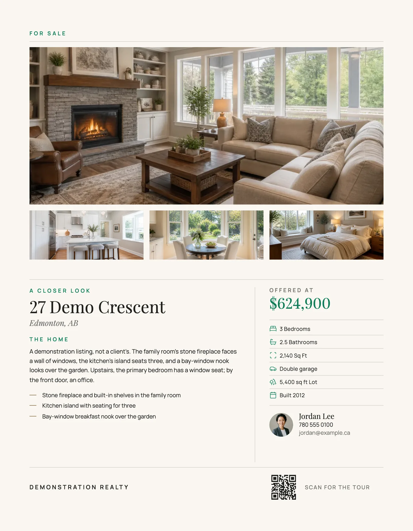 The front of a letter-size feature sheet: a family room with a stone fireplace across the top and three smaller rooms under it, then the address, a description and three highlights beside the price, six facts, the agent and a QR code.