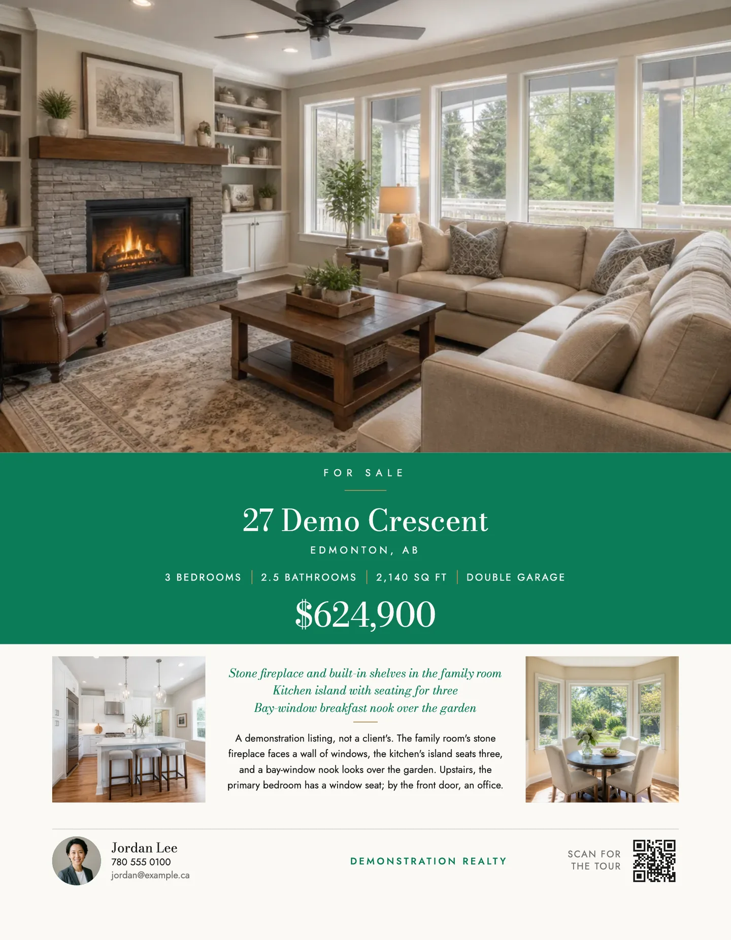 A feature sheet on the Estate template: the family room filling the top over a green plaque with the address, the facts and the price centred, then two rooms either side of the highlights and the description, with the agent, the brokerage and a QR code along the foot.
