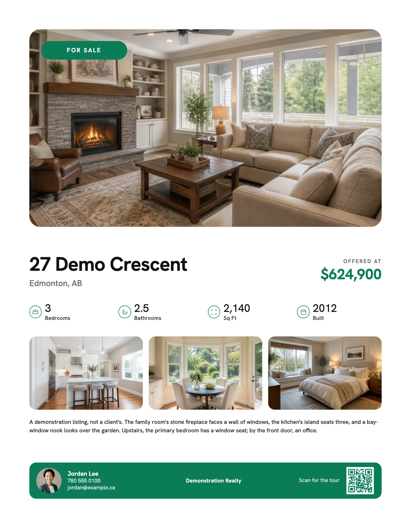 A feature sheet on the Modern template: the family room in a rounded frame, the address and the price, four facts with icons, three rounded room photos, the description, and a green bar with the agent, the brokerage and a QR code.