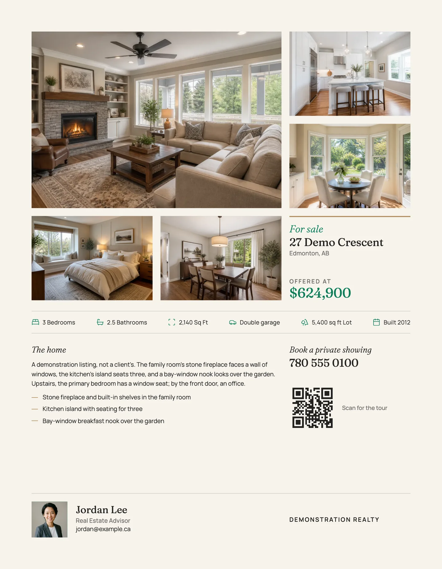 A feature sheet on the Portfolio template: the family room large with the kitchen and the breakfast nook beside it, two more rooms under it, a row of six facts, the description, the phone number to book a showing and a QR code.