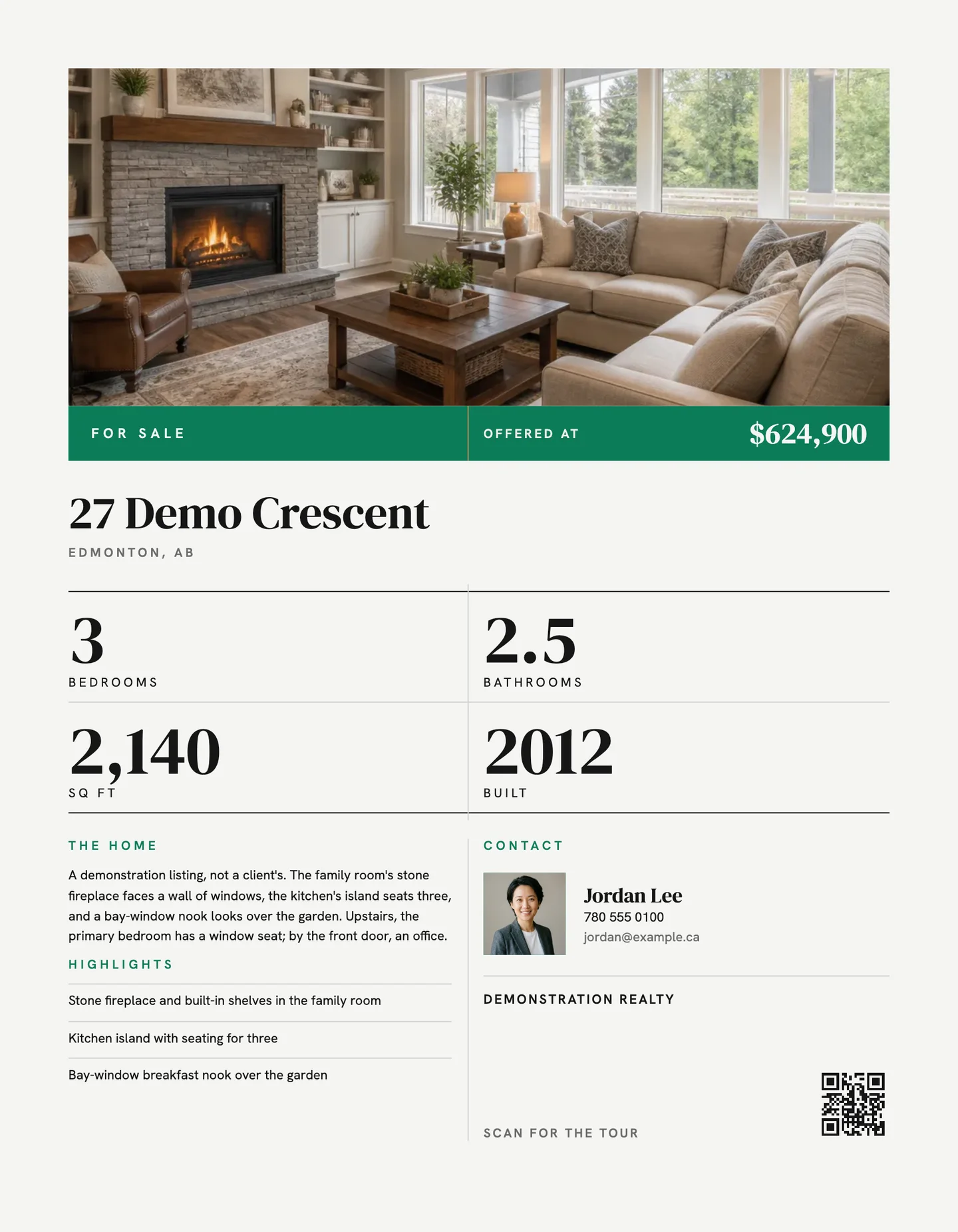 A feature sheet on the Spec template: the family room over a green band with the price, the address set large, four facts as big numerals, then the description, the highlights, the agent and a QR code.